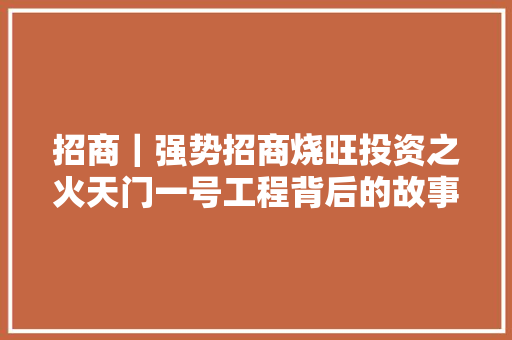招商｜强势招商烧旺投资之火天门一号工程背后的故事