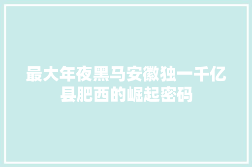 最大年夜黑马安徽独一千亿县肥西的崛起密码