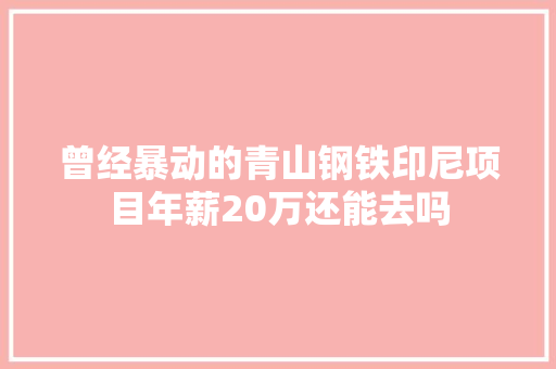 曾经暴动的青山钢铁印尼项目年薪20万还能去吗