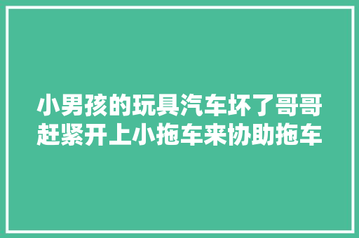 小男孩的玩具汽车坏了哥哥赶紧开上小拖车来协助拖车了