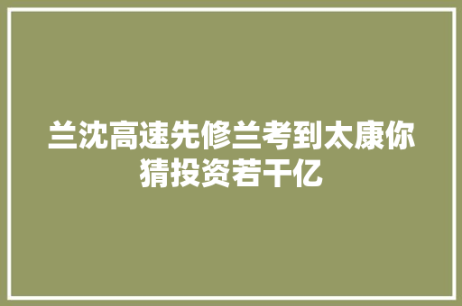 兰沈高速先修兰考到太康你猜投资若干亿
